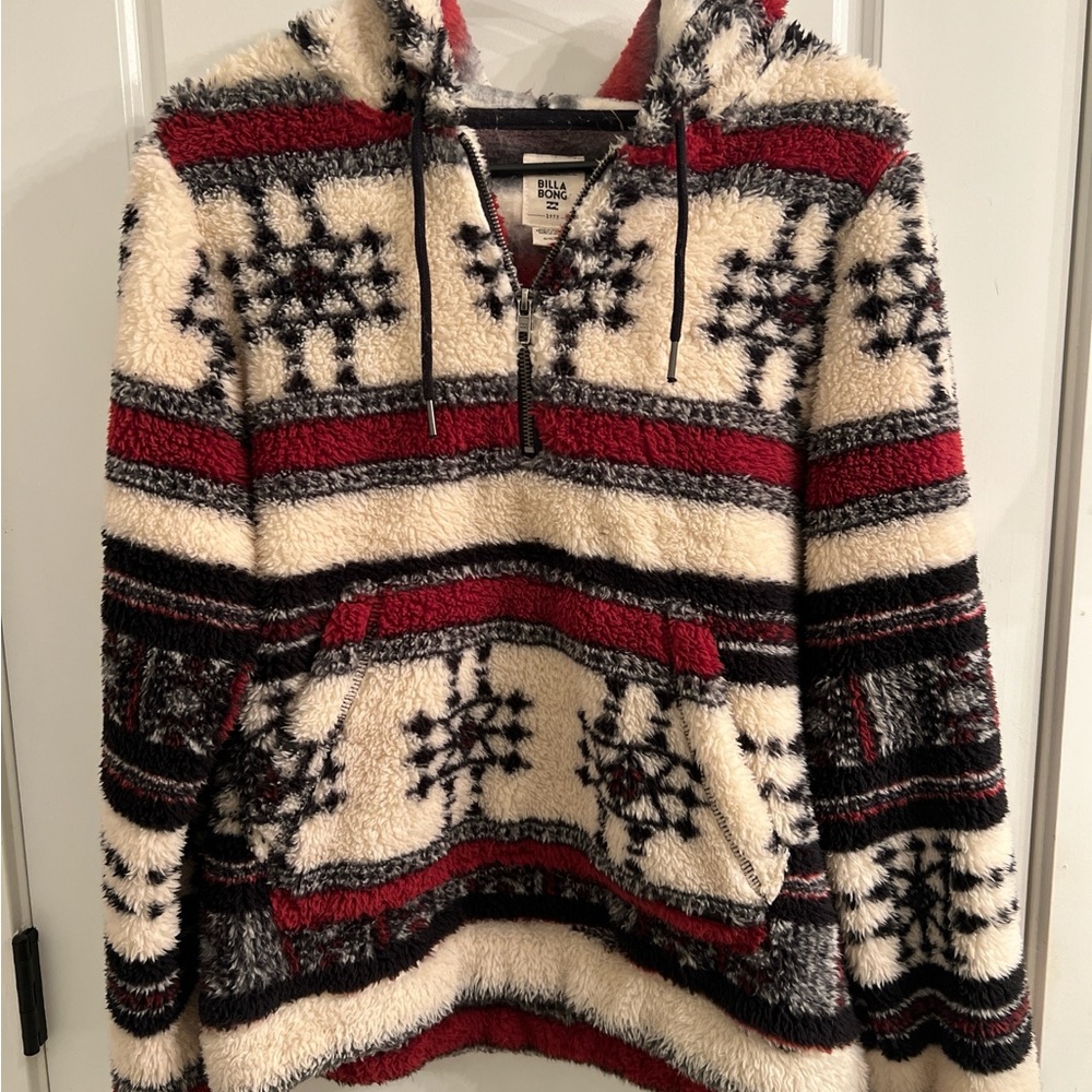 Billabong Women's Cream and Red Patterned Cowl Sweater
